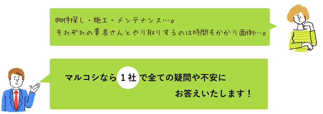 マルコシなら1社で全ての疑問や不安にお答えいたします！